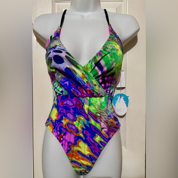 WET Designer Swimwear 1 Piece Neon Multi Sexy Cutout Back Swimsuit SZ Small NWT - Picture 3 of 9